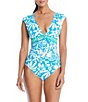 Color:Coldwater - Image 1 - Sun Day Fun Day Printed V-Neck Cap Sleeve Shirred One Piece Swimsuit