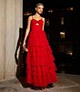 Color:Red - Image 1 - Front Cut-Out Sweetheart Neck Ruffled Tulle Tiered Ball Gown
