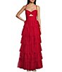 Color:Red - Image 2 - Front Cut-Out Sweetheart Neck Ruffled Tulle Tiered Ball Gown