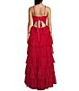 Color:Red - Image 3 - Front Cut-Out Sweetheart Neck Ruffled Tulle Tiered Ball Gown