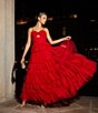 Color:Red - Image 6 - Front Cut-Out Sweetheart Neck Ruffled Tulle Tiered Ball Gown