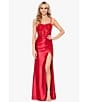Color:Red - Image 5 - Illusion Lace Corset Tie Back Front Slit Long Dress