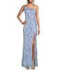 Color:Blue/Multi - Image 1 - Pattern Sequin One Shoulder Side Cut-Out Front Slit Long Dress