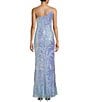 Color:Blue/Multi - Image 2 - Pattern Sequin One Shoulder Side Cut-Out Front Slit Long Dress