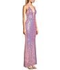 Color:Pink - Image 3 - Sequin Halter Neck Bar Front Open Back Long Dress