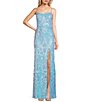 Color:Blue Multi - Image 1 - Straight Neck Sequin Pattern Long Gown
