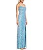 Color:Blue Multi - Image 3 - Straight Neck Sequin Pattern Long Gown