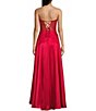 Color:Red - Image 2 - Strapless Sweetheart Illusion Lace Corset Satin Gown