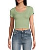 Color:Light Sage - Image 1 - Short Sleeve Pointelle Scallop Sweater Crop Top