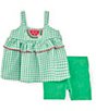 Color:Green - Image 1 - Bonnie Baby Baby Girls Newborn-24 Months Watermelon-Appliqued Checked Seersucker Tunic Top & Solid Knit Bike Shorts Set