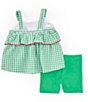 Color:Green - Image 2 - Bonnie Baby Baby Girls Newborn-24 Months Watermelon-Appliqued Checked Seersucker Tunic Top & Solid Knit Bike Shorts Set
