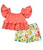 Color:Coral - Image 1 - Baby Girls Newborn-24 Month Flutter-Sleeve Smocked/Eyelet-Embroidered Tunic Top & Floral Linen-Look Shorts Set