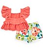 Color:Coral - Image 2 - Baby Girls Newborn-24 Month Flutter-Sleeve Smocked/Eyelet-Embroidered Tunic Top & Floral Linen-Look Shorts Set