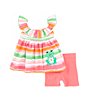 Color:Pink - Image 1 - Baby Girls Newborn-24 Months Sleeveless Striped Frog-Applique Seersucker Tunic Top & Knit Biker Shorts Set