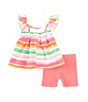Color:Pink - Image 2 - Baby Girls Newborn-24 Months Sleeveless Striped Frog-Applique Seersucker Tunic Top & Knit Biker Shorts Set