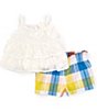 Color:Multi - Image 1 - Baby Girls Newborn-24 Months Sleeveless Textured-Knit Top & Plaid Seersucker Shorts Set