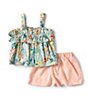 Color:Green/Peach Multi - Image 1 - Little Girls 2T-6X Floral Printed Ruffle Trimmed Linen Blend Tank Top & Checked Shorts Set