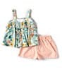 Color:Green/Peach Multi - Image 2 - Little Girls 2T-6X Floral Printed Ruffle Trimmed Linen Blend Tank Top & Checked Shorts Set