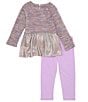 Color:Lavender - Image 2 - Little Girls 2T-6X Long Sleeve Space Dyed Foiled Knit Top & Solid Stretch Knit Leggings Set