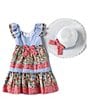 Color:Multi - Image 3 - Little Girls 2T-6X Short Flutter Sleeve Seersucker & Eyelet Dress with Matching Hat