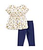 Color:Blue - Image 1 - Little Girls 2T-6X Short-Sleeve Floral/Clip-Dot Fit-And-Flare Dress & Solid Capri Leggings Set
