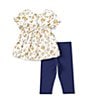 Color:Blue - Image 2 - Little Girls 2T-6X Short-Sleeve Floral/Clip-Dot Fit-And-Flare Dress & Solid Capri Leggings Set