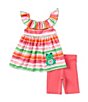Color:Pink - Image 1 - Little Girls 2T-6X Sleeveless Striped Frog Applique Seersucker Tunic Top & Knit Bike Shorts Set