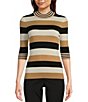 Color:Iconic Stripe - Image 1 - BOSS by Hugo Boss Fratellina Engineered Stripe Print Fine Gauge Knit Mock Neck 3/4 Sleeve Shirt