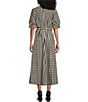 Color:Tapioca - Image 2 - Augustina Organic Cotton Poplin Checkered Print Banded Collar Elbow Puff Sleeve Belted Button-Front Midi Dress