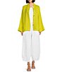 Color:Quince - Image 3 - Danuta Finestra Windowpane Light Linen Mandarin Collar Long Wide Sleeve Oversized Button-Front Jacket