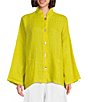 Color:Quince - Image 4 - Danuta Finestra Windowpane Light Linen Mandarin Collar Long Wide Sleeve Oversized Button-Front Jacket