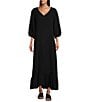Color:Black - Image 1 - Lana Cotton Gauze V-Neck 3/4 Sleeve Ruffle Hem Shift Dress
