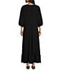 Color:Black - Image 2 - Lana Cotton Gauze V-Neck 3/4 Sleeve Ruffle Hem Shift Dress
