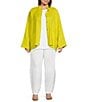Color:Quince - Image 3 - Plus Size Danuta Finestra Windowpane Light Linen Mandarin Collar Long Wide Sleeve Oversized Button-Front Jacket