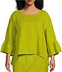 Color:Vireo - Image 1 - Plus Size Fran Round Neck Ruffle 3/4 Bell Sleeve High-Low Linen Coordinating Shirt