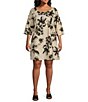 Color:Torcello - Image 1 - Plus Size Hopper Linen Blend Floral Print Scoop Neck 3/4 Sleeve Shift Dress