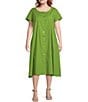 Color:Soca - Image 1 - Winsor Plus Size Organic Cotton Poplin Round Neck Short Sleeve Button-Front Midi Shirt Dress
