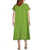Color:Soca - Image 2 - Winsor Plus Size Organic Cotton Poplin Round Neck Short Sleeve Button-Front Midi Shirt Dress