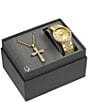 Color:Gold - Image 4 - Men's Crystal Gold Tone Stainless Steel Bracelet Watch and Necklace Box Set