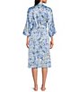 Color:Blue Floral - Image 2 - Satin Floral 3/4 Sleeve Coordinating Short Wrap Robe