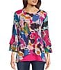 Color:Pink Multi - Image 1 - Abstract Brushstroke Print Mesh Knit Boat Neck 3/4 Ruffle Sleeve High-Low Overlay Tunic