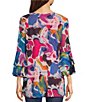 Color:Pink Multi - Image 2 - Abstract Brushstroke Print Mesh Knit Boat Neck 3/4 Ruffle Sleeve High-Low Overlay Tunic