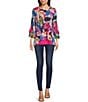 Color:Pink Multi - Image 3 - Abstract Brushstroke Print Mesh Knit Boat Neck 3/4 Ruffle Sleeve High-Low Overlay Tunic
