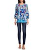 Color:Blue Multi - Image 3 - Abstract Foulard Print Mesh Knit Scoop Neck 3/4 Sleeve High-Low Tunic