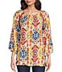 Color:Pink Multi - Image 1 - Abstract Print Scoop Neck 3/4 Sleeve Tunic