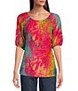 Color:Lime Multi - Image 1 - Abstract Tie Dye Burnout Knit Scoop Neck Elbow Sleeve Tunic
