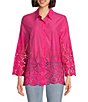 Color:Fuchsia - Image 1 - Border Embroidered Button Front Long Sleeve Top