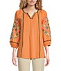 Color:Orange Multi - Image 1 - Embroidered Crinkled Floral Print Split-V Neck Long Sleeve Tunic
