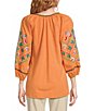 Color:Orange Multi - Image 2 - Embroidered Crinkled Floral Print Split-V Neck Long Sleeve Tunic