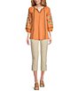 Color:Orange Multi - Image 3 - Embroidered Crinkled Floral Print Split-V Neck Long Sleeve Tunic